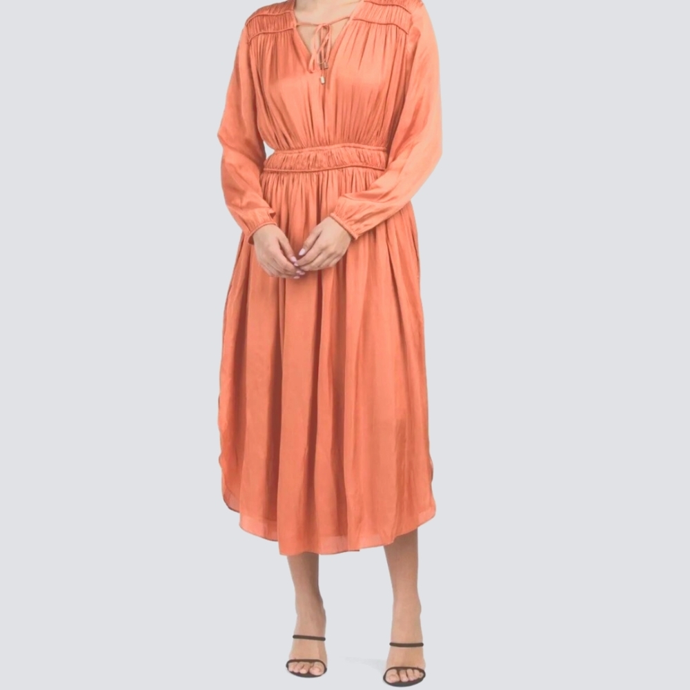 🍑 Elie Tahari Shirred Sunrise Orange Dress. Size L